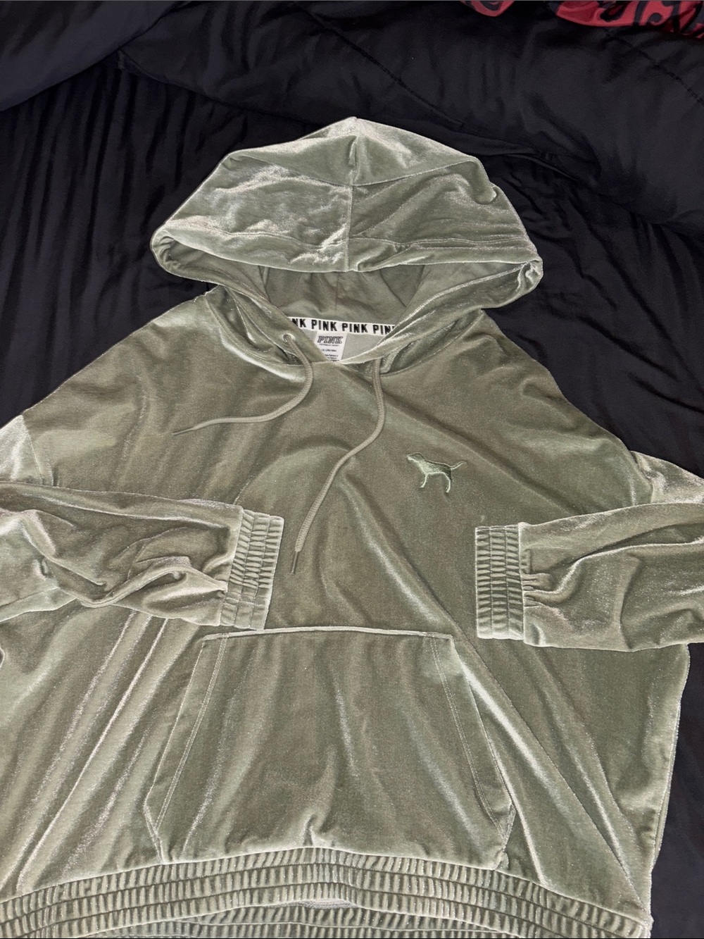 PINK Victoria's Secret Men's Olive Green Velvet Hoodie